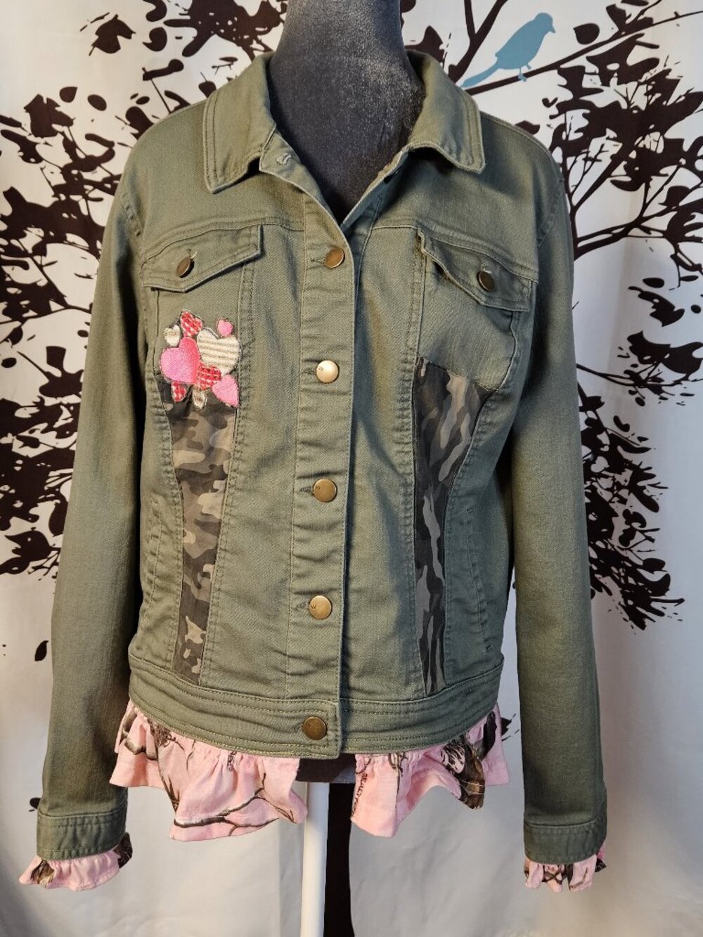 Upcycled Corset-Back Denim Jacket • Camo Patchwork, Reworked Jean Jacket